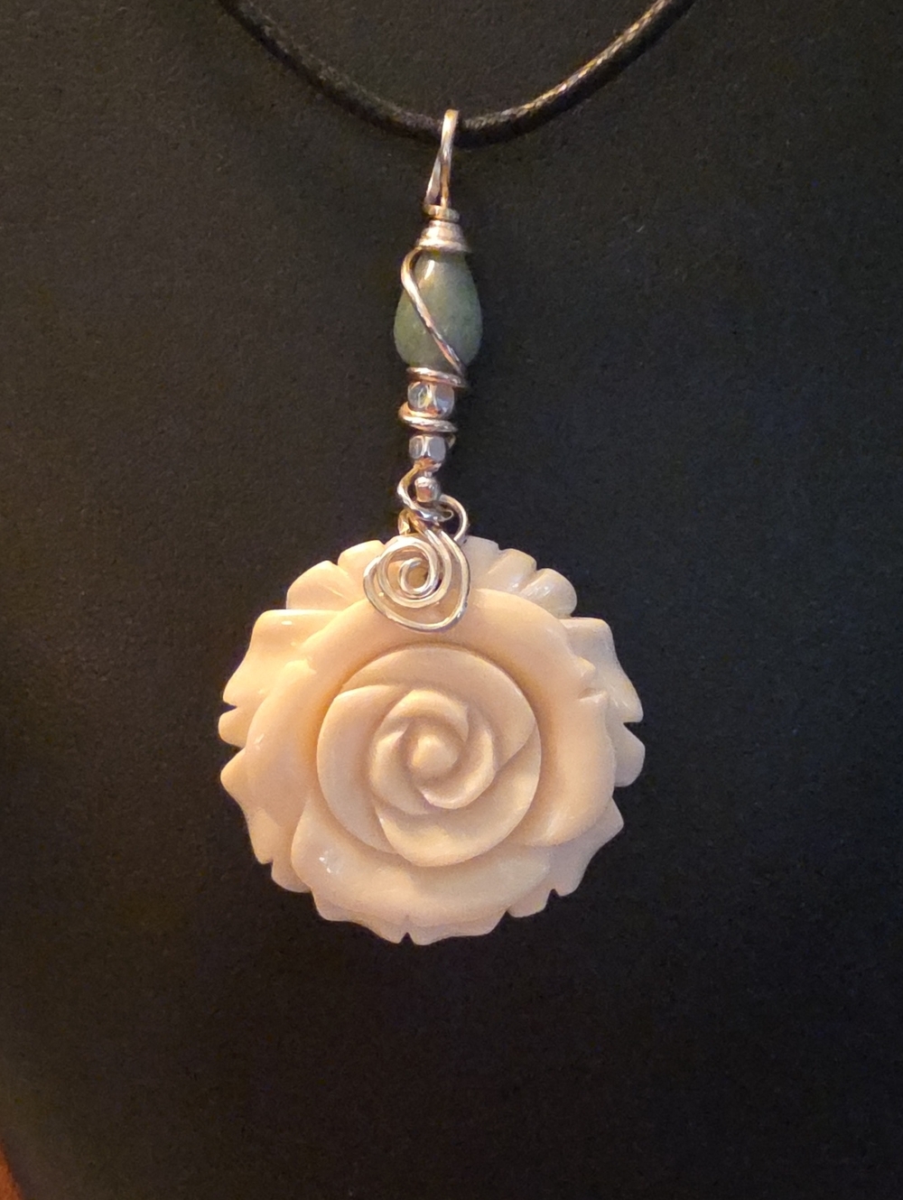 Artisan Carved Rose Medallion Natural Antler Pendant On 22" Black Cord